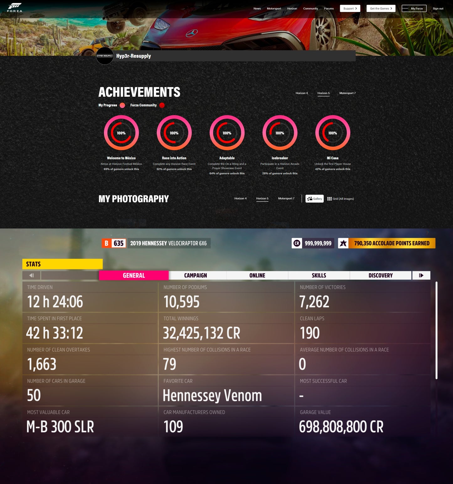 Forza Horizon 5 Modded Account - [All Cars + 999.999.999: Credits & Super Wheelspin & Wheelspin & Car Master (Skill) Points & Forzathon Points + Level + 100% Progress]
